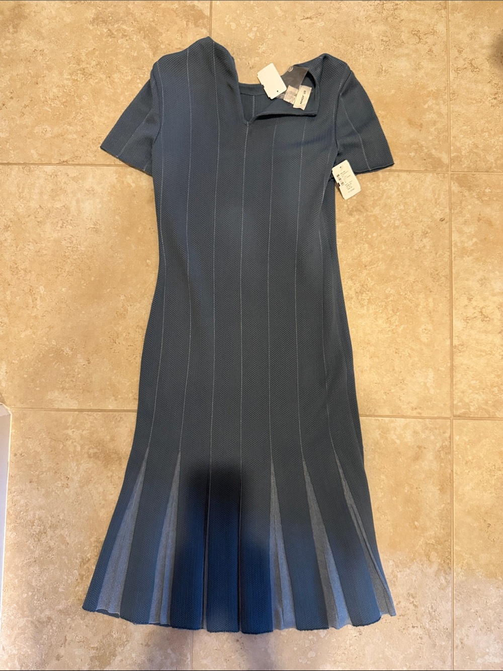 St. John Slate Blue Short-Sleeve Midi Knit Dress